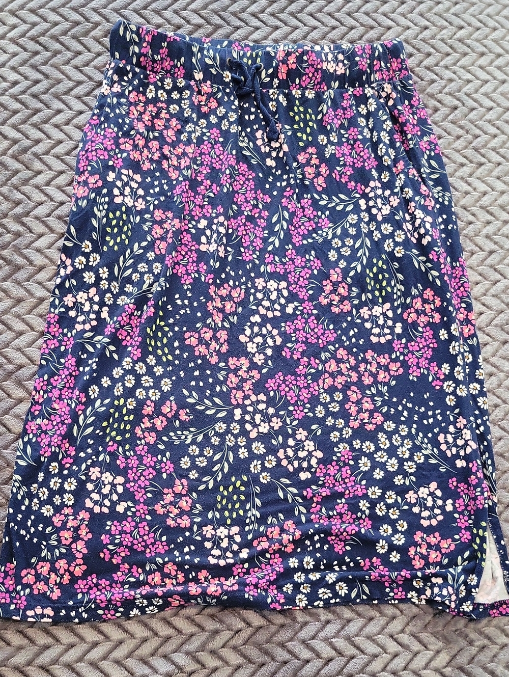 Navy Floral Midi Skirt with Drawstring Waist